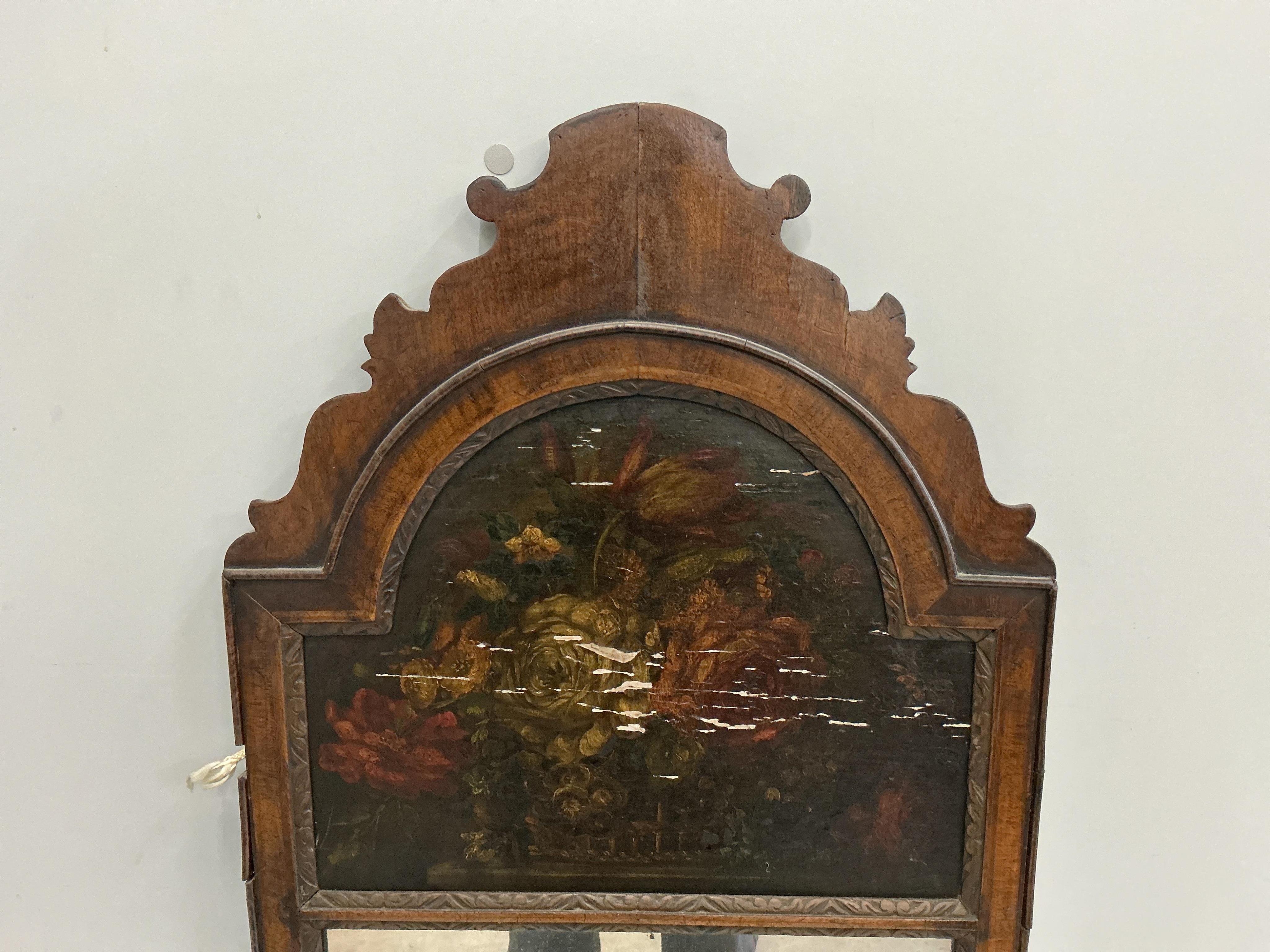 A Queen Anne style walnut trumeau mirror, width 45cm, height 138cm
